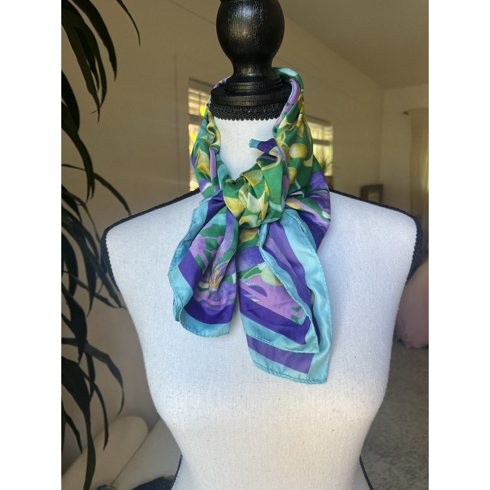 Zara Floral Square Scarf Green Purple Aqua Botanical Print Satin Feel - Picture 2 of 6